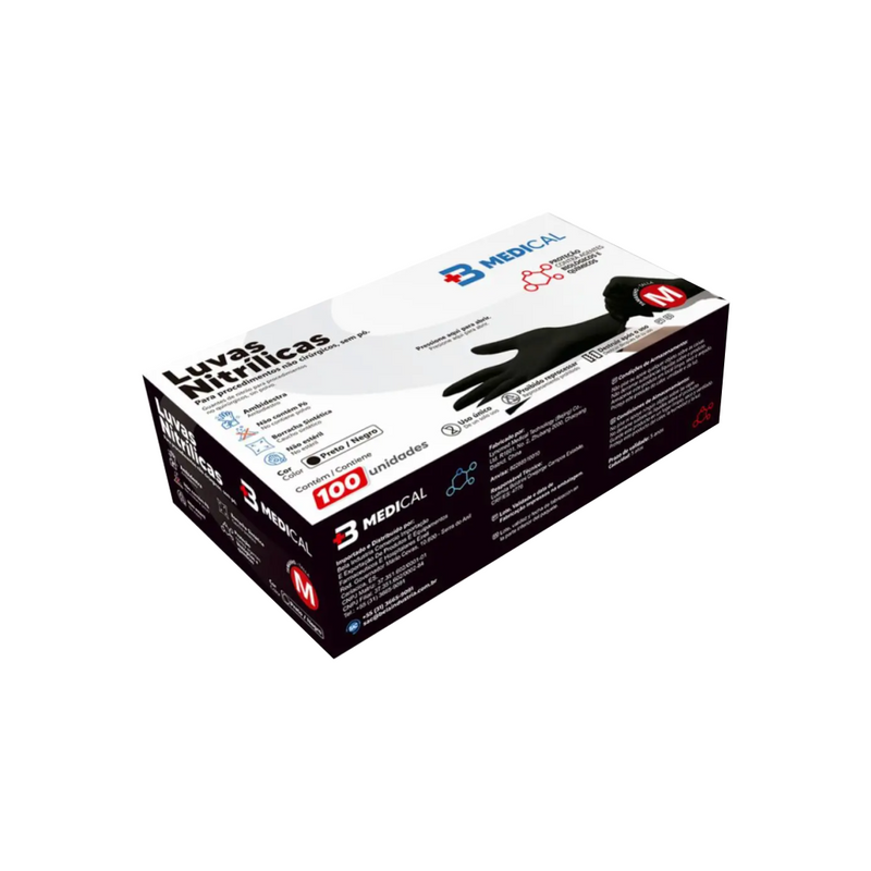 Luva Nitrílica Preta Sem Pó 100un - BMedical