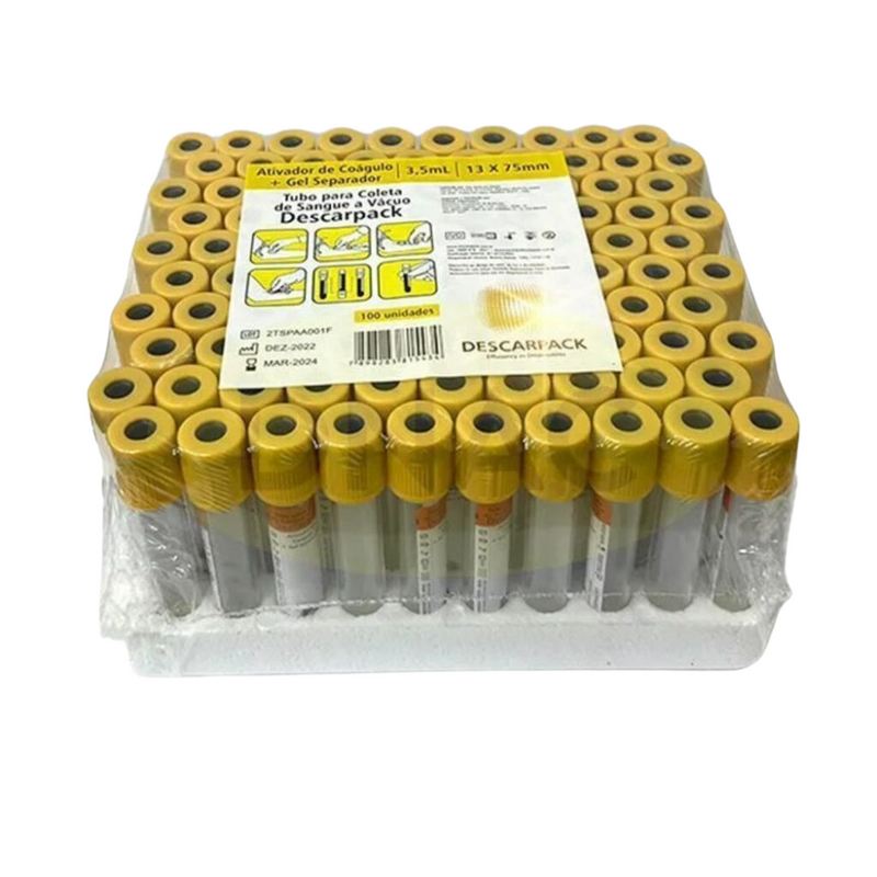 Tubo Para Coleta de Sangue Soro Gel 8,5ml Amarelo Ouro 100un - Descarpack