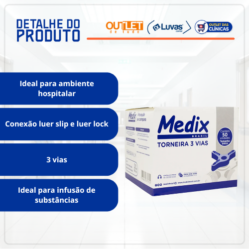 Torneira 3 Vias Luer Slip Luer lock - Medix