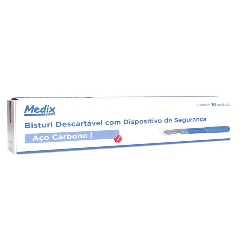 Bisturi Descartável Com Dispositivo de Segurança N11 Lâmina Carbono 10un - Medix