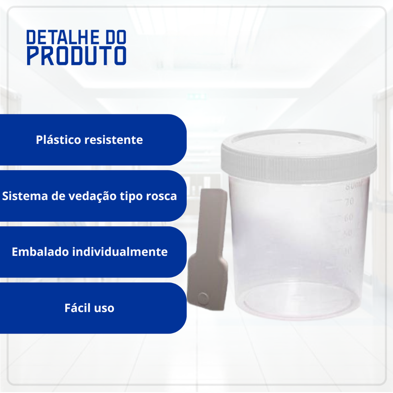 Coletor Transparente Tampa Branca Com Pá 80ml 100un - Firstlab