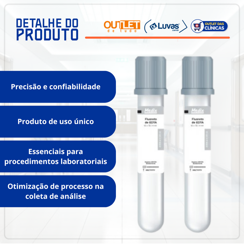 Tubo Coleta Vácuo Fluoreto de EDTA 2ml Tampa Cinza 13x75mm 100un - Medix