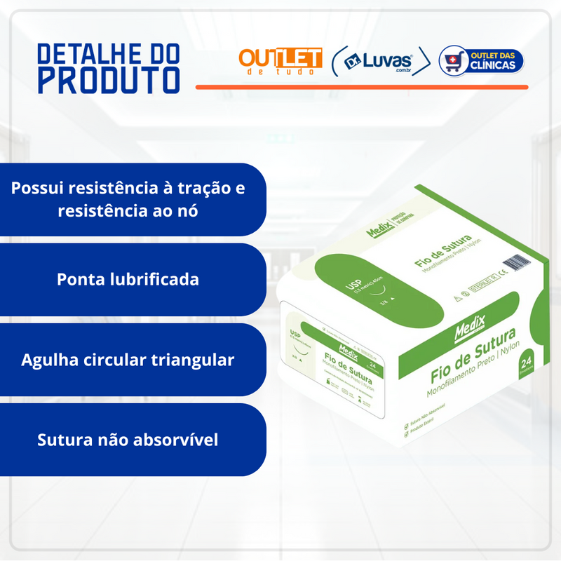 Fio De Sutura Nylon 3-0 Com Agulha Curva 30mm 24un - Medix