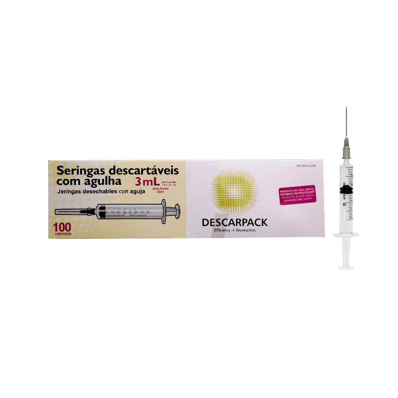 Seringa 3ml Bico Luer Slip Com Agulha 25x0,70 mm 100un - Descarpack