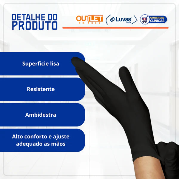 Luva Nitrílica Preta Sem Pó 100un - BMedical