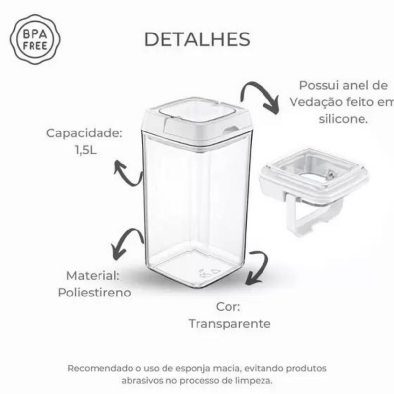 Pote Hermético 1,5L Quadrado Com Tampa e Alça Mood - Nobre