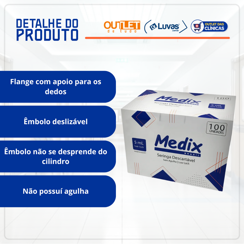 Seringa Descartável 5ml Luer Lock 100un - Medix