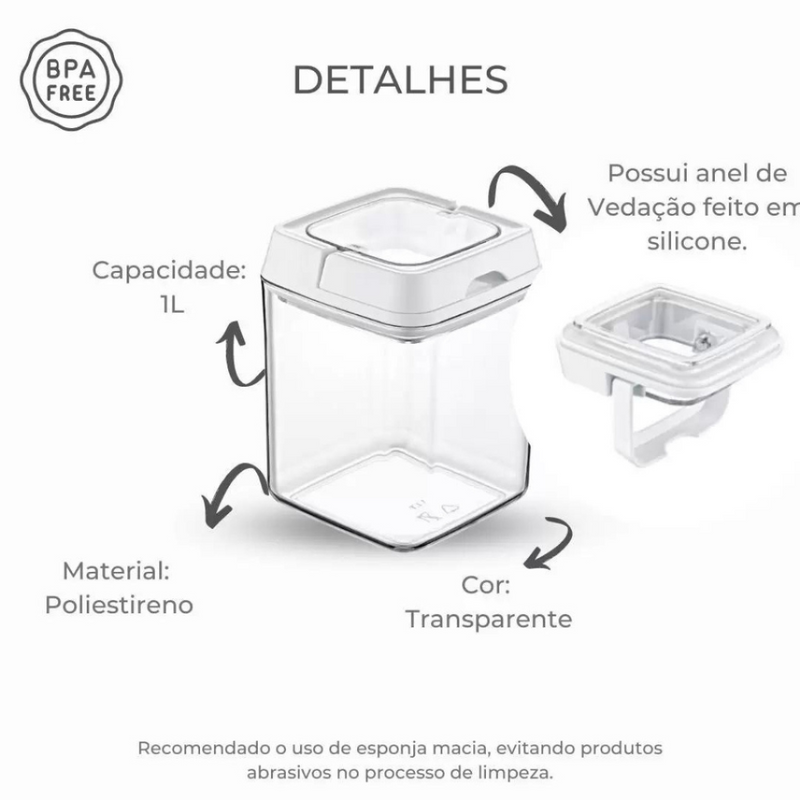 Pote Hermético 1L Quadrado Com Tampa e Alça Mood - Nobre
