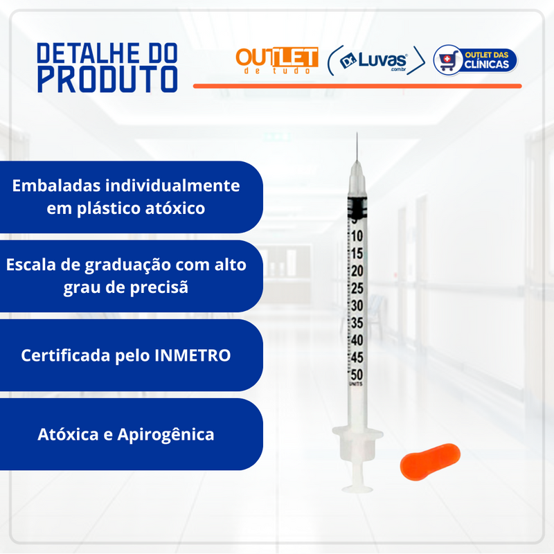 Seringa de Insulina 0,5ml com Agulha Fixa 6x0,25 mm 10un - Descarpack