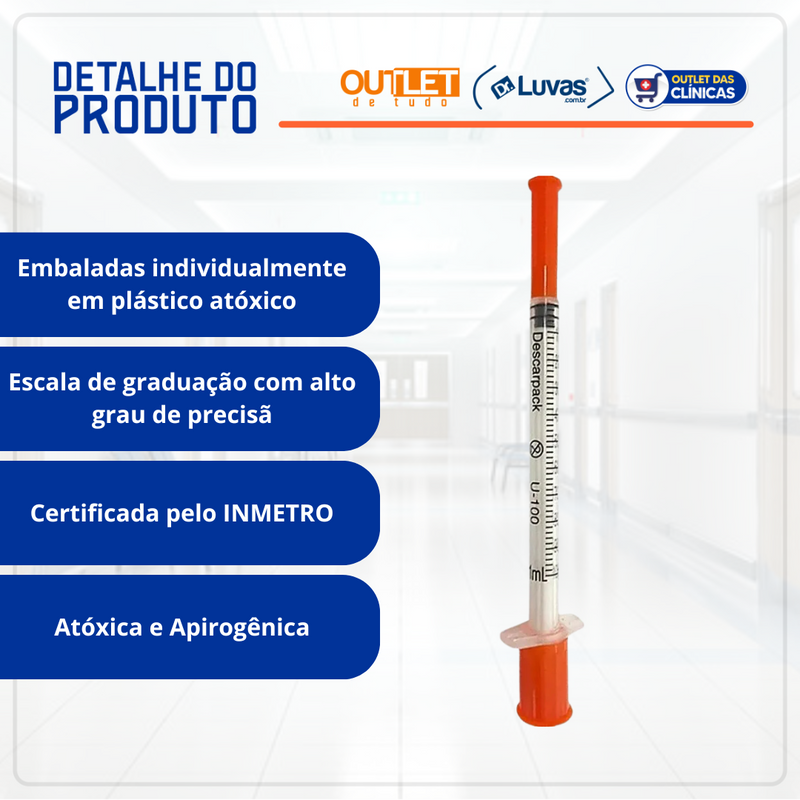 Seringa de Insulina 1ml com Agulha 12,7x0,33 mm 10un - Uniqmed