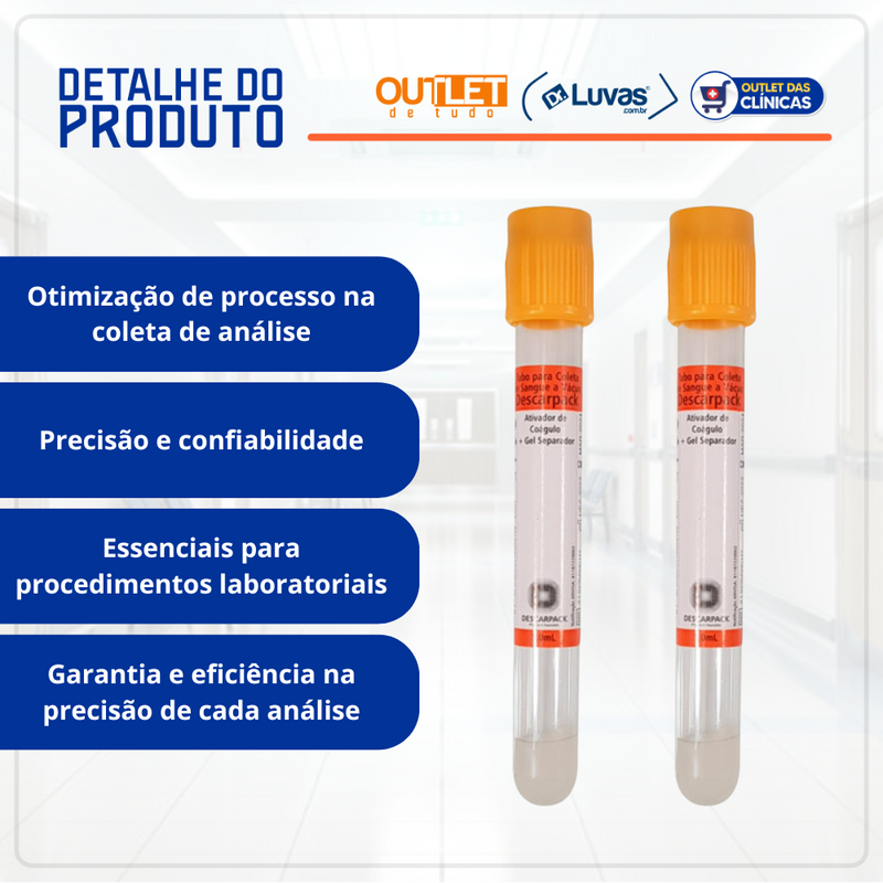 Tubo Para Coleta de Sangue Soro Gel 8,5ml Amarelo Ouro 100un - Descarpack