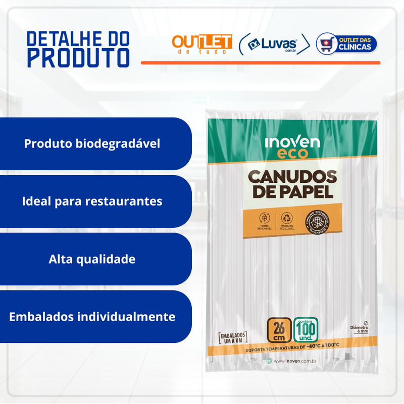 Canudo De Papel Listrado Azul D6mm 26cm 100un - Inoven