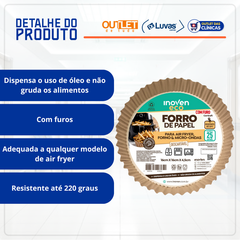 Forma Descartável Para Air Fryer Redonda Com Furo 24x25cm 25un - Inoven