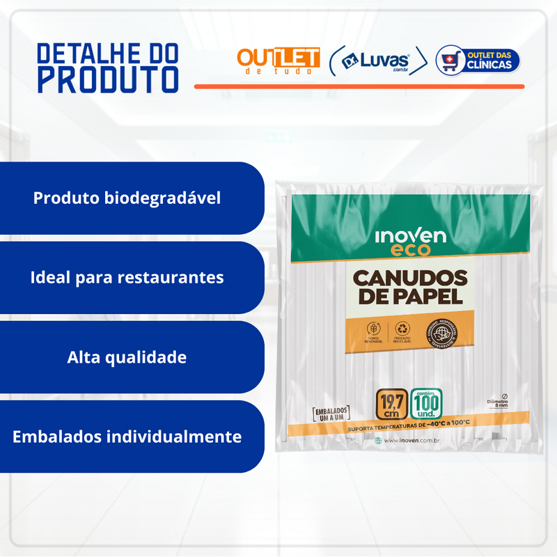 Canudo de Papel Listrado Azul D8mm 19,7cm 100un - Inoven