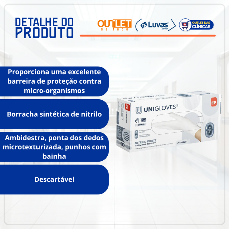 Luva De Procedimento Nitrilica Branca Sem Pó 100un - Unigloves