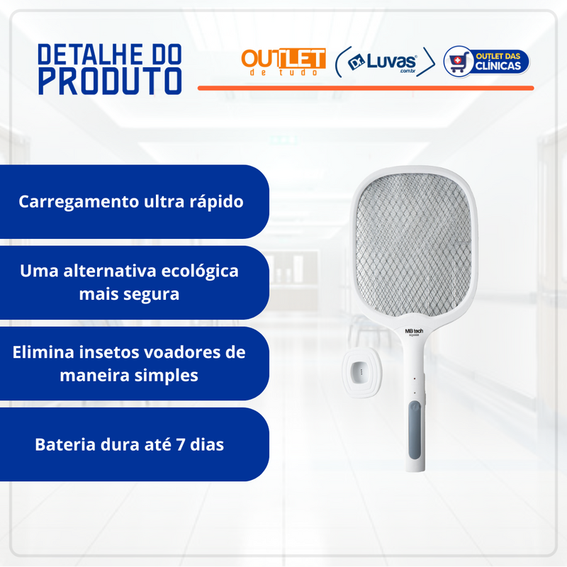 Raquete Elétrica de Matar Mosquito Com Led e Base - MB Tech
